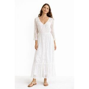 Forever 21 White Sheer Embroidered Maxi Dress Boho Kimono Size M Cottagecore